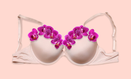 Beautiful bra with orchid flowers on beige pink background, top view. Banner designの写真素材