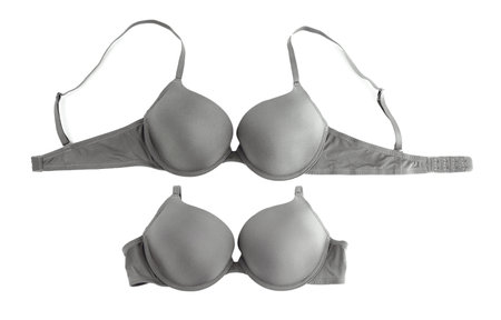 Beautiful grey bra isolated on white, collage. Top viewの写真素材