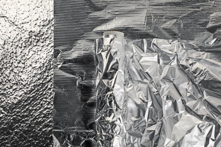 Shiny aluminum foil as background, top viewの写真素材