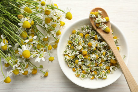 Dry and fresh chamomile flowers on light wooden table, flat layの写真素材
