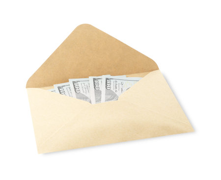 Money bonus. Envelope with dollar banknotes isolated on white