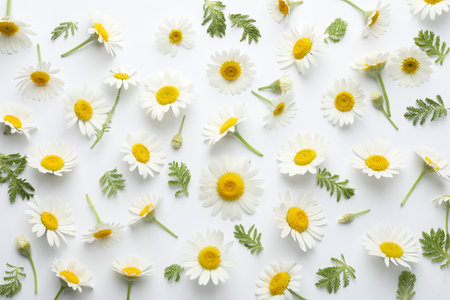 Beautiful chamomile flowers and green leaves on white background, flat layの写真素材