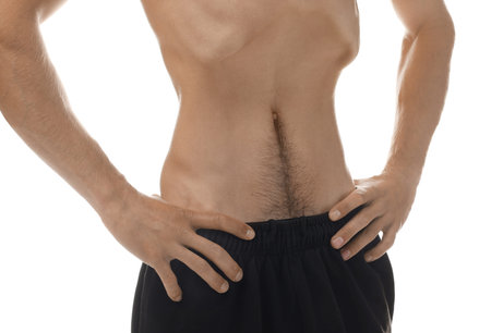 Man suffering from anorexia on white background, closeupのeditorial素材