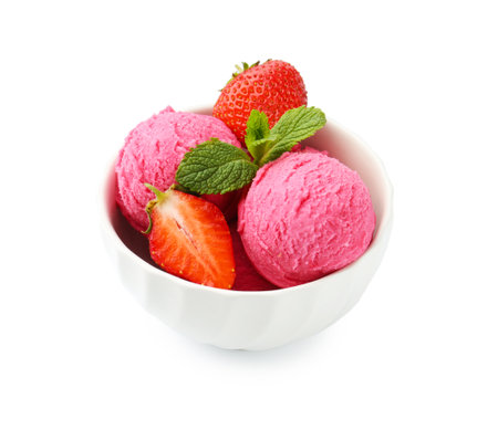 Tasty sorbet, strawberries and mint isolated on whiteの写真素材