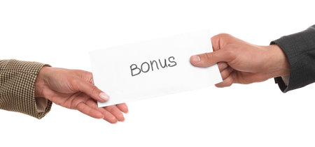 Boss giving envelope with word bonus to employee on white background, closeupの写真素材