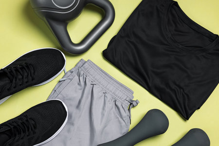 Sportswear, sneakers, dumbbells and kettlebell on pale olive background, flat layの写真素材