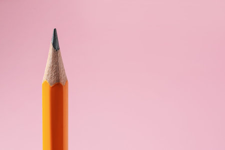 One sharp graphite pencil on pink background, closeup. Space for textの写真素材