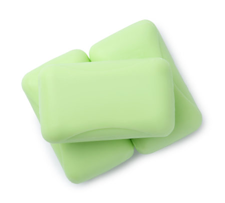 Three soap bars isolated on white, top view. Personal hygieneの写真素材