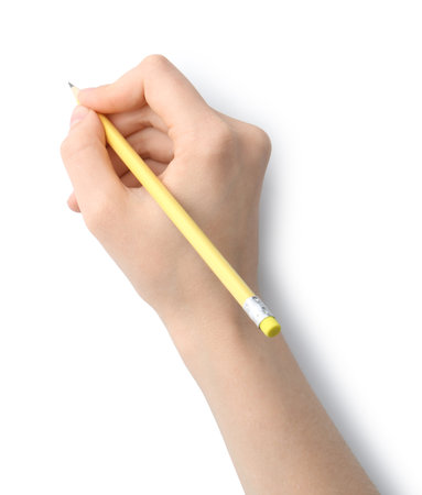 Woman with graphite pencil on white background, top viewの写真素材