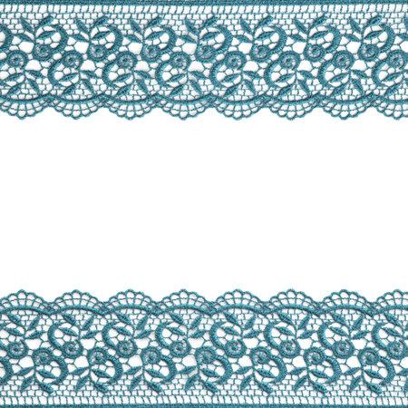 Frame made of beautiful light blue lace on white backgroundの写真素材