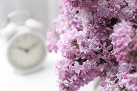 Beautiful lilac flowers and alarm clock on table indoors, closeup. Space for textの写真素材
