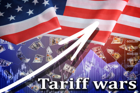 Tariff wars. National flag of America, falling dollars, graph and arrow. Double exposureの写真素材
