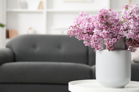 Beautiful lilac flowers in vase on table indoors, space for textの写真素材