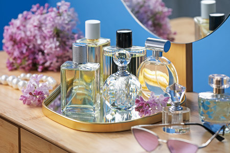 Bottles of perfumes, accessories and lilac flowers on wooden table