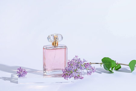 Bottle of perfume and branch with lilac flowers on light grey background, closeupの写真素材