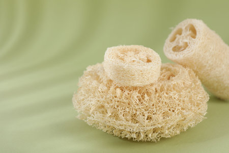 Different loofah sponges on olive background, closeup. Space for textの写真素材