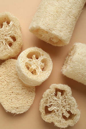 Natural loofah sponges on beige background, flat layの写真素材