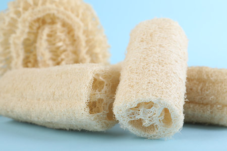 Different loofah sponges on light blue background, closeupの写真素材