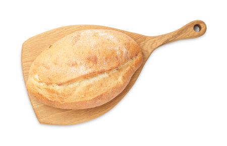 Loaf of fresh bread and wooden board isolated on white, top viewの写真素材