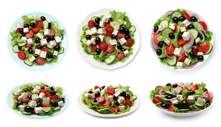 Tasty fresh Greek salads on white background, collage. Top and side viewの写真素材