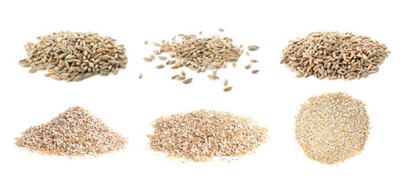 Rye bran and grains isolated on white, collageの写真素材