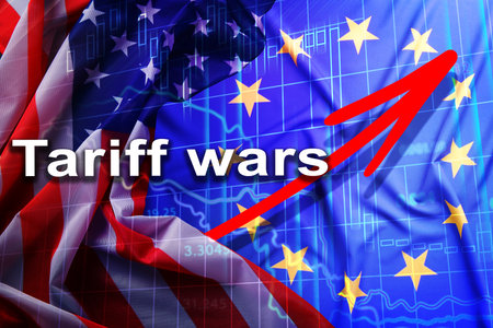 Tariff wars. Flags of America and European Union, graph and arrow. Double exposureの写真素材