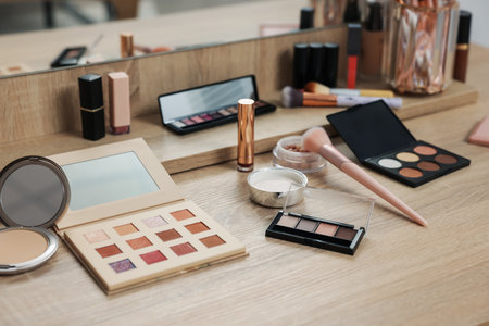 Different makeup products and brush on vanity indoorsの写真素材