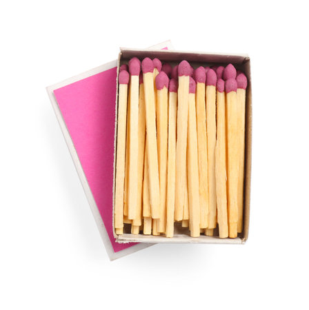 Matches in open box isolated on white, top view