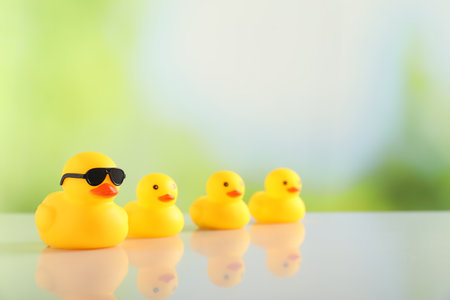 Cute rubber ducks on table against blurred background, closeup. Space for textの写真素材