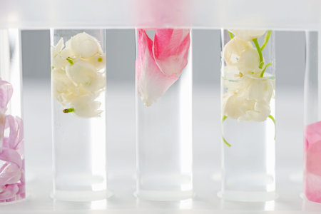 Making luxury perfume. Essential oils and flowers in test tubes on blurred background, closeup