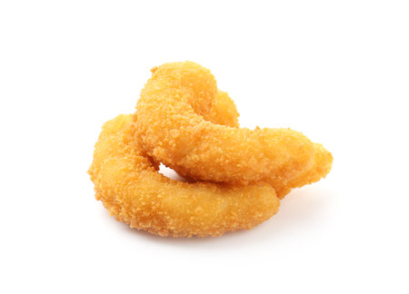 Three tasty tempura shrimps isolated on whiteの写真素材