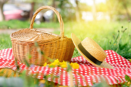 Wicker basket, dandelion flowers, straw hat and blanket on green grass outdoorsの写真素材