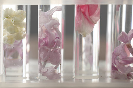 Making luxury perfume. Essential oils and flowers in test tubes on blurred background, closeupの写真素材