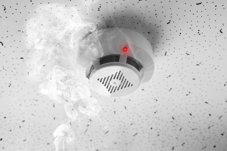 Fire alarm system. Detector on ceiling triggered by smokeの写真素材