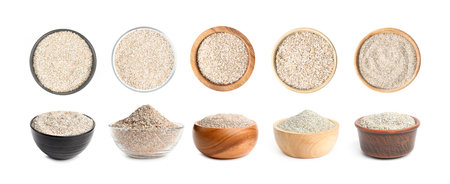 Rye bran in bowls isolated on white, collage. Top and side viewの写真素材