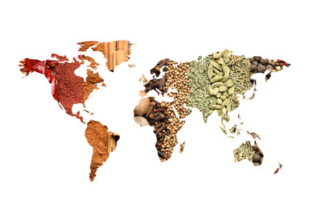 World map made of different aromatic spices on white backgroundの写真素材