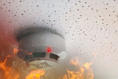 Fire alarm system. Detector on ceiling triggered by smoke and flameの写真素材