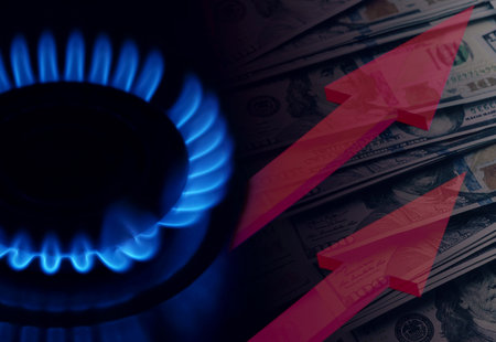 Gas burner with blue flame, red arrows and dollar bills, double exposure. Gas price increaseの写真素材