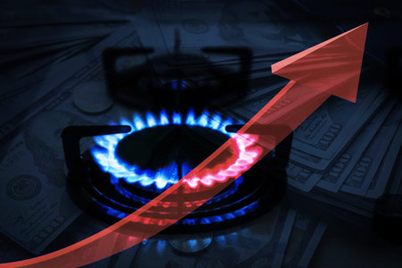 Gas burner with blue flame, red arrow and dollar bills, double exposure. Gas price increase