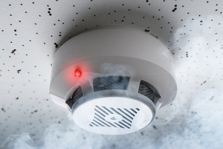 Fire alarm system detector on ceiling triggered by smokeの写真素材