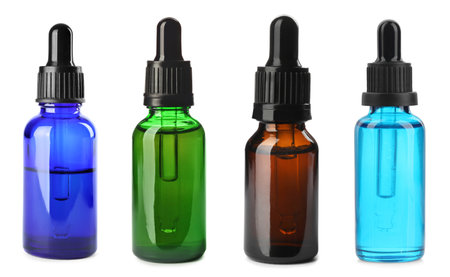 Tinctures in different bottles isolated on white, setの写真素材