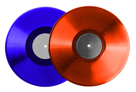 Two color vinyl records on white backgroundの写真素材