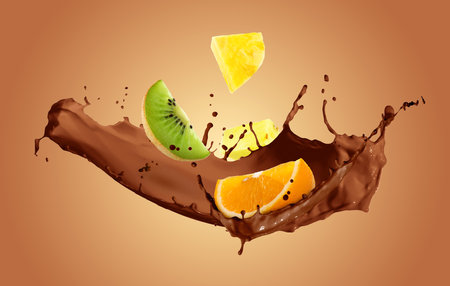 Chocolate splash with juicy fruits in air on pale brown backgroundの写真素材