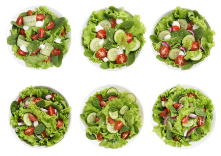 Tasty fresh salads with vegetables on white background, set Top viewの写真素材
