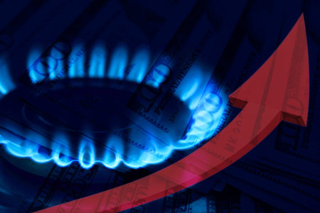 Gas burner with blue flame, red arrow and dollar bills, double exposure. Gas price increase