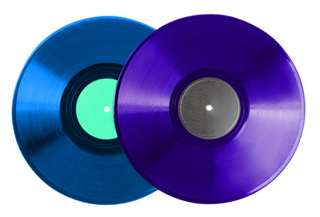 Two color vinyl records on white backgroundの写真素材