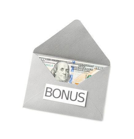 Envelope with word Bonus and dollar banknotes isolated on white, top viewの写真素材