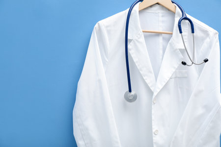 Doctor's coat with stethoscope on hanger against blue background. Space for textの写真素材