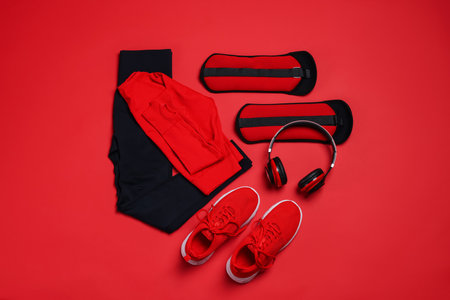 Sportswear, sneakers, ankle weights and headphones on red background, flat layの写真素材