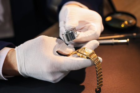 Appraiser with loupe evaluating luxury wristwatch at table, closeupの写真素材